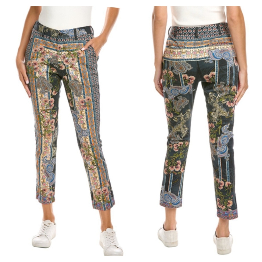 Cropped Floral Paisley Print Slim Pants - Black Multi